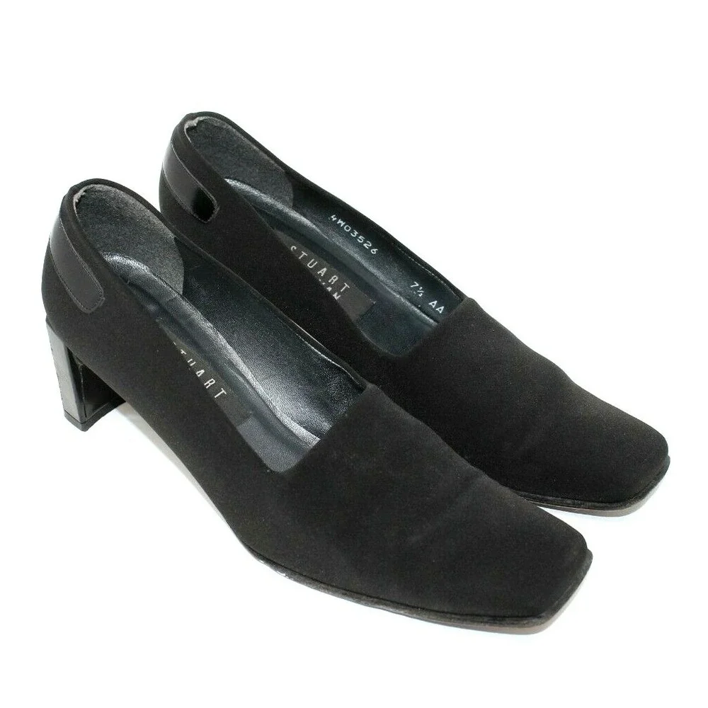 Stuart Weitzman Shoes Womens 7.5AA Textile Square Toe Black Block Heel
